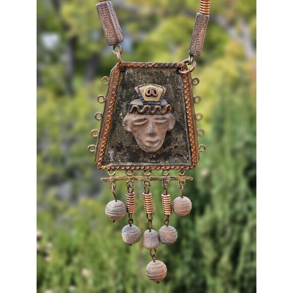 Vintage 1960s-70s Mexico Stamped Mixed Metal Necklace - Maya Ethnic Mask Pendant - Picture 12 of 12